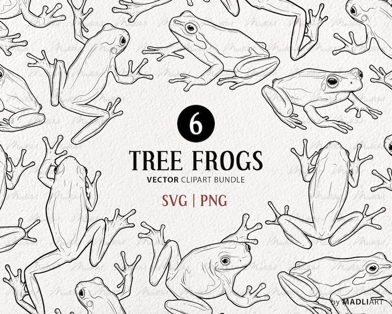 6 Tree Frogs SVG Clipart Bundle. Frog Vector Drawings. Green, White and