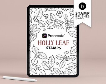 May include: A digital illustration of 17 Procreate stamp brushes featuring holly leaves and berries. The image is titled "Holly Leaf Stamps" and includes the Procreate logo.