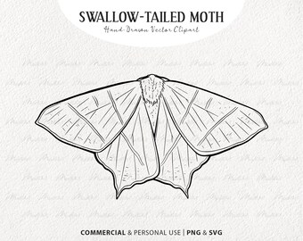 Swallow-Tailed Moth Vector Clipart. Hand Drawn Butterfly Outline. Minimal Insect Artwork. Instant Download PNG & SVG with Commercial License