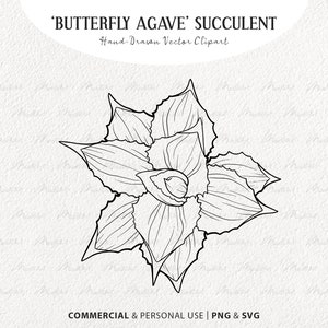 Mariposa Agave Suculenta SVG Clipart. Ilustraciones vectoriales de plantas del desierto. Esquema de cactus. Dibujo lineal botánico. Uso comercial SVG y PNG