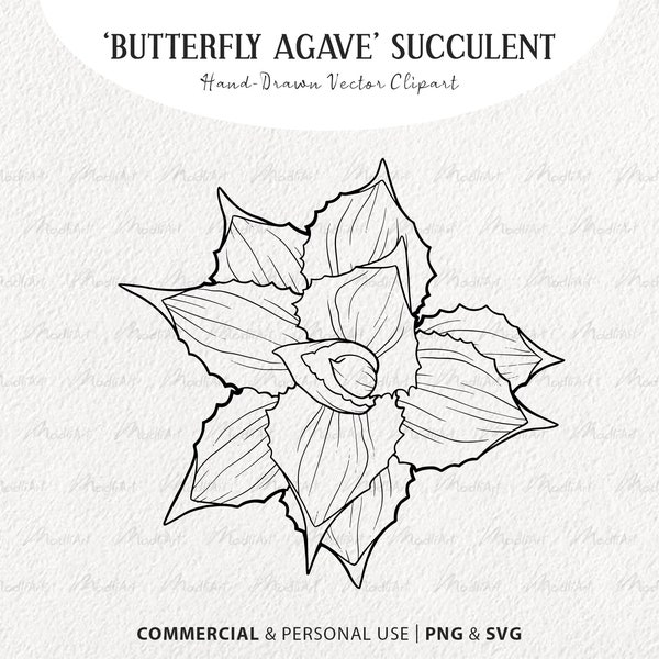 Butterfly Agave Succulent SVG Clipart. Desert Plant Vector Artwork. Cactus Outline. Botanical Line Drawing. Commercial Use SVG and PNG