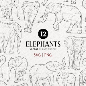 Olifant SVG-bundel. Olifant vectortekeningen. Safari dier SVG lijntekeningen. Babyolifant tatoeage. Olifant kunst stempels. Commerciële Svg & Png