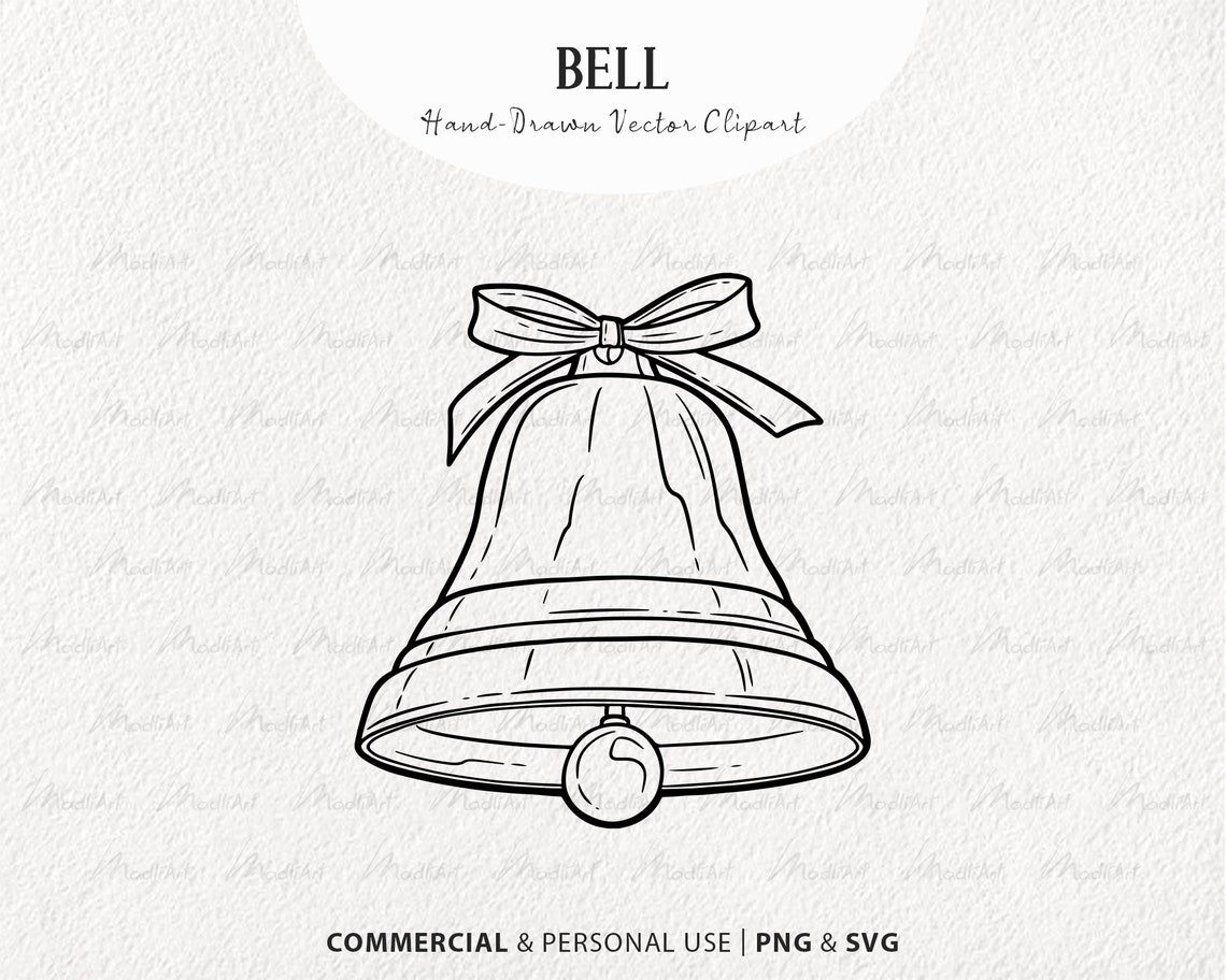Christmas Bell SVG Clipart. Holiday Bell and Bow Vector Outline. Xmas