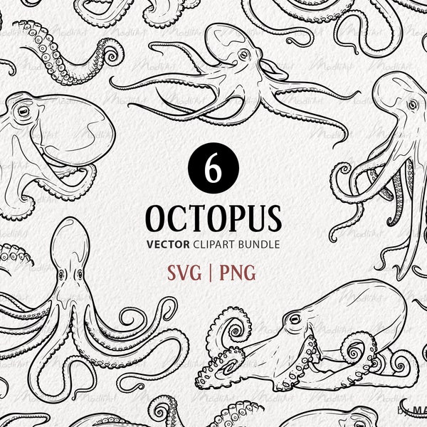 Octopus Clipart Bundle. Marine Animals Vector Line Art. 6 Octopuses tentacles. Octopus line tattoo. Kraken Drawing. SVG & PNG art.