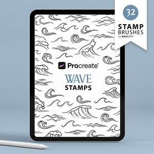 Puede incluir: Una ilustración digital de 32 sellos de olas para Procreate. La imagen muestra la pantalla de una tableta que muestra un patrón de varios diseños de olas. El texto "WAVE STAMPS" se muestra en la pantalla.