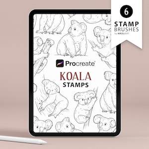 6 Sellos de Oso Koala Procreado. Diseño de tatuaje de koala. Pinceles de arte de animales exóticos. Lindo contorno de koala bebé. Dibujar sellos para Procreate en iPad