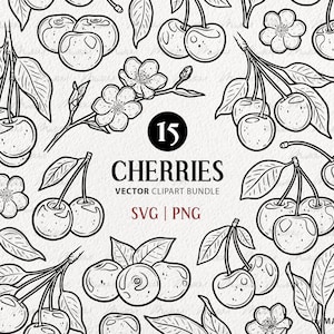 Cherry SVG Clipart Bundle. 15 Cherries Vector Art. Cherry Blossoms Svg Line Art. Cherry Flowers, Blossoms, Leaves Berries Clipart. PNG & SVG
