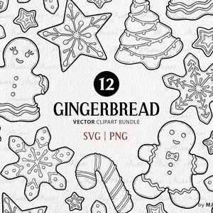 Weihnachten Lebkuchen SVG Clipart Bundle. 12 Winter Line Art Kekse. Vektor Lebkuchenmann, Frau, Schneeflocken, Sterne. PNG & SVG Umriss