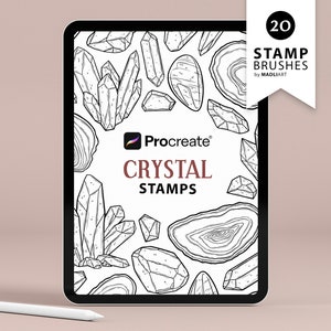 May include: A digital illustration of 20 Procreate stamp brushes featuring crystal and agate designs. The image shows a tablet screen displaying the brushes, with the text "Procreate" and "Crystal Stamps" on the screen. The image also includes a white label with the text "20 Stamp Brushes by MADLIART".