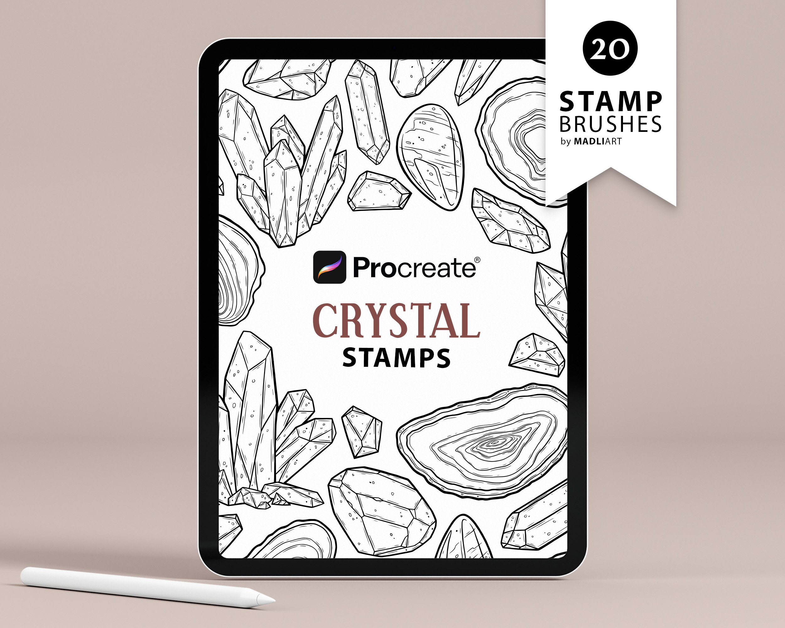 20 tampons Procreate Cristaux – Pinceaux tatouage pierres célestes & line art diamant mystique pour iPad