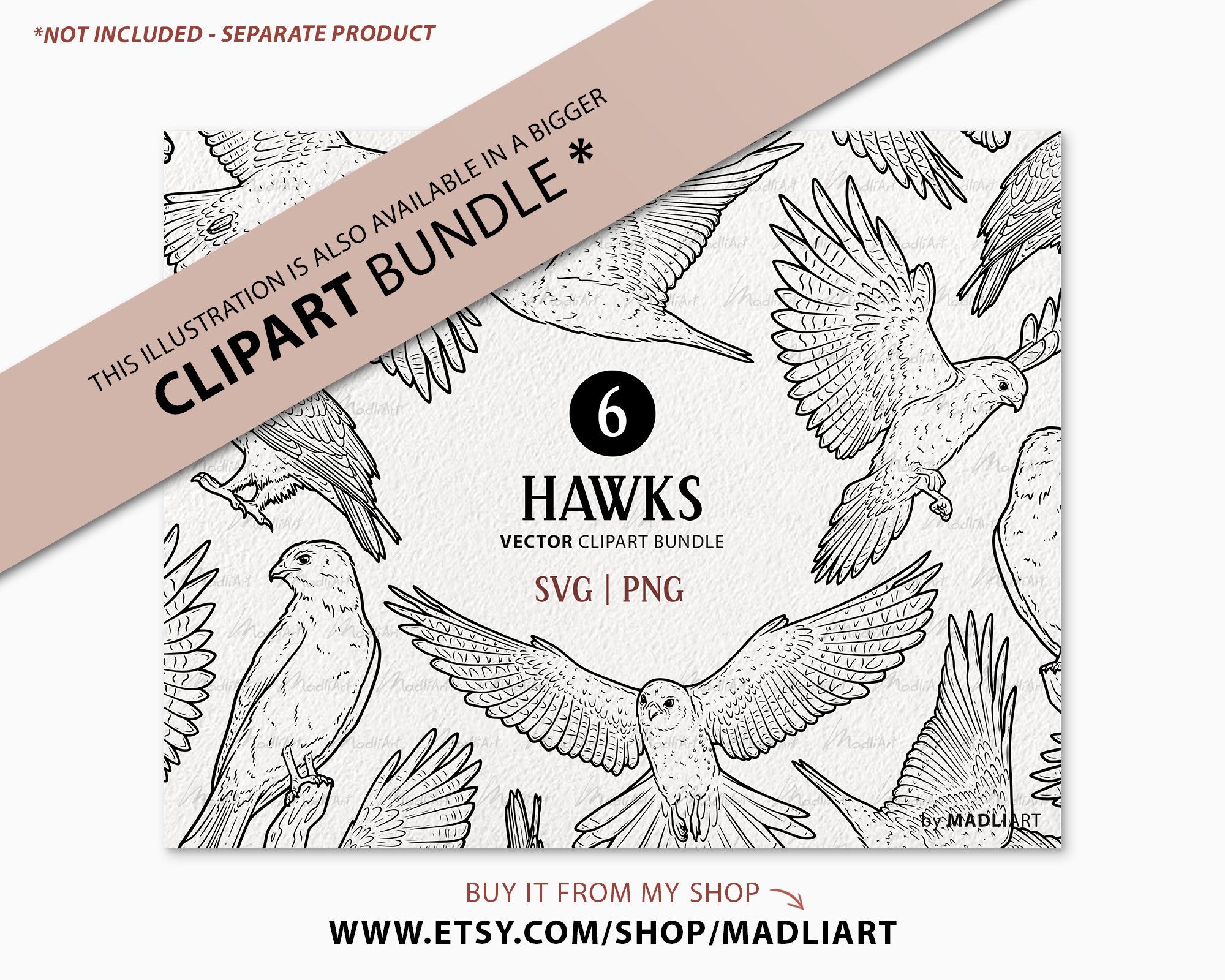 Red-tailed Hawk SVG Clipart Bundle. Eagle Vector Line Drawings. Bird of ...