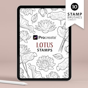 10 francobolli di fiori di loto procreati. Disegno del tatuaggio della ninfea. Pennelli per l'arte del fiore di nascita di luglio. Insieme del profilo del fiore di loto. Procrea francobolli