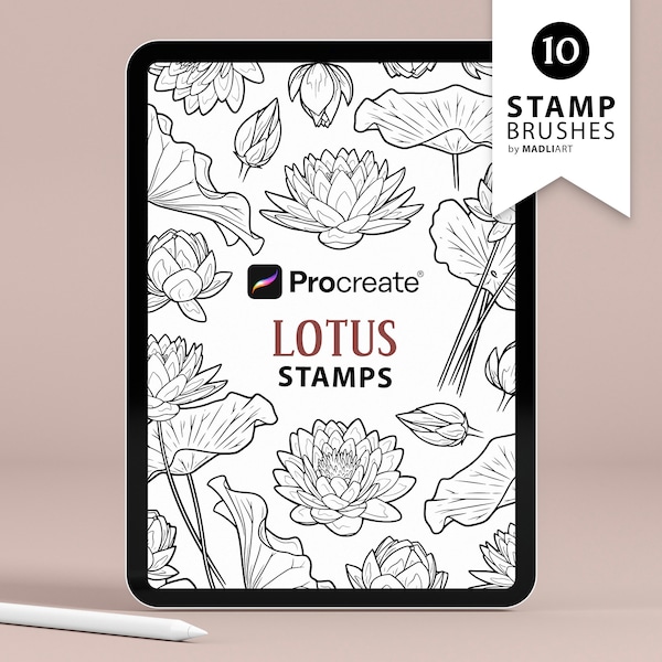 10 Procreate Lotus Flower Stamps. Water Lily Tattoo Design. July Birth Flower Art Brushes. Lotus Blossom Outline Set. Procreate Stamps