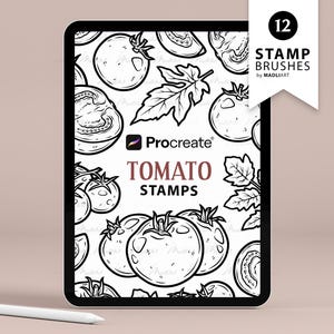 Tomate Procreate Stempel. Tomate Tattoo Kunst. Sommergemüsepflanze. Tomatenfrucht und -blätter. Line Art Procreate Pinselstempel