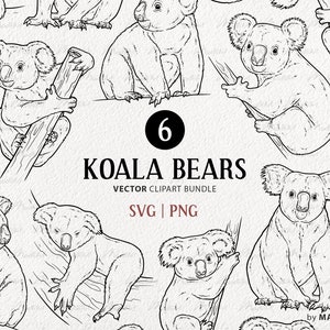 Koalabjörn vektor clipart paket. Söta koalakonturillustrationer. Söt koalaunge som sover. Exotiska djur linjeteckningar. Kommersiell SVG och PNG