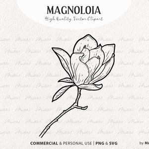 Magnolia SVG Clipart. Magnolia Blossom Vector Illustration. Magnolia Tattoo Stamp. Botanical Magnolia Floral Outline. PNG & SVG