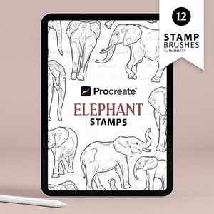 12 Sellos de Procreación de Elefantes. Diseño de tatuaje de elefante. Pinceles para sellos Safari Anima. Lindo contorno de elefante bebé. Sellos de procreación de animales de la selva