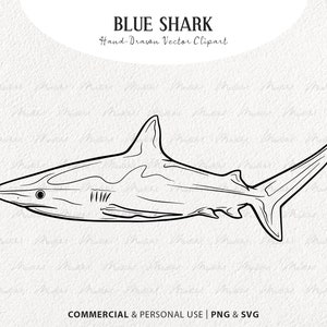 Blue Shark SVG Clipart. Shark Vector Line Drawing. Ocean Animal Line Art. Marine Mammal Stamp. Commercial PNG & SVG