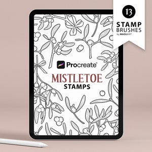 Pode incluir: Uma ilustração digital de visco sobre um fundo branco. A imagem é exibida na tela de um tablet. O texto "Procreate" e "Mistletoe Stamps" é visível na tela. A imagem faz parte de um conjunto de 13 pincéis de carimbo para o aplicativo Procreate.
