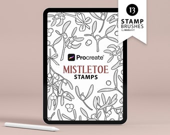 May include: A digital illustration of mistletoe on a white background. The image is displayed on a tablet screen. The text "Procreate" and "Mistletoe Stamps" is visible on the screen. The image is part of a set of 13 stamp brushes for the Procreate app.