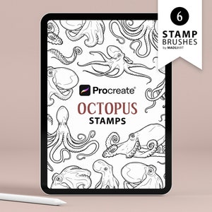 6 Procreate Octopus Stamps. Octopus Tattoo Design. Ocean Animal Line Art Brushes. Octopus Tentacle. Kraken Outline. Stamps for Procreate