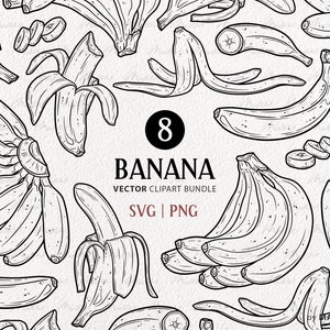 Lot de cliparts SVG banane. 8 bananes vectorielles. Dessin au trait banane fruit. Illustrations de bananes. Fichiers PNG et SVG