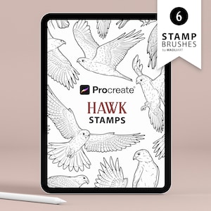 以下が含まれることがあります： Procreate 用のハヤブサのスタンプ 6 個のデジタルイラスト。スタンプには、飛行中ととまっているハヤブサのさまざまなポーズが描かれています。画像はタブレットの画面に表示されています。