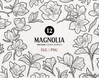 12 Magnolien Blumen SVG Bundle. Magnolienblüten Clipart Set. Magnolienbaum Blätter Zeichnung. Frühling Wildblumen Vektor Umriss. PNG & SVG