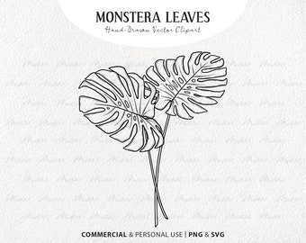 Monstera Blatt SVG Clipart. Tropisches Blatt Line Art. Botanische Vektor-Illustration. Minimal Jungle Plant Decor Art. PNG & SVG, kommerzielle Nutzung