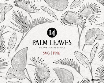Op de afbeelding: Een set van 14 zwart-witte vectorillustraties van palmbladeren. De illustraties zijn in vintage stijl en perfect voor gebruik in digitale of printprojecten. De tekst "14 Palm Leaves Vector Clipart Bundle SVG | PNG" is in de afbeelding opgenomen.