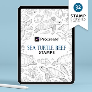 32 Sellos de vida marina procreados. Diseño de tatuaje de tortuga marina. Pinceles artísticos para peces de arrecife de coral. Contorno del océano submarino. Sellos Procreate para iPad