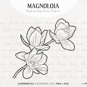 Clipart SVG magnolia. Illustration vectorielle de fleur de magnolia. Tampon de tatouage magnolia. Contour floral botanique de magnolia. PNG et SVG