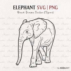 Puede incluir: Ilustración de línea de arte de un elefante con arrugas detalladas en su piel. El elefante camina con la trompa levantada. La imagen está en blanco y negro.