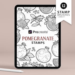 Peut inclure: Une illustration numérique de 12 tampons Procreate représentant des grenades. L'image montre une variété de motifs de grenades, y compris des grenades entières, des grenades coupées et des graines de grenade. Le texte "Procreate" et "Pomegranate Stamps" est également visible sur l'image.