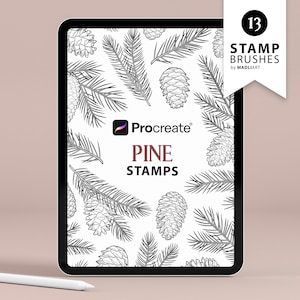 I rami di pino procreano francobolli. Disegno del tatuaggio sempreverde invernale. Pennelli Pigna Di Natale. Pigna d'inverno. Timbri da disegno per iPad