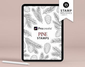 Pine Branches Procreate Stamps. Winter Evergreen Tattoo Design. Christmas Pine Cone Brushes. Winter Pinecone. Drawing Stamps for iPad