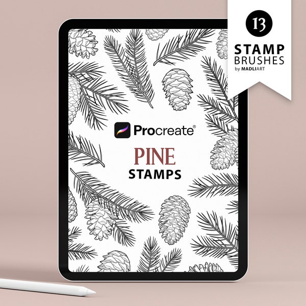 Pine Branches Procreate Stamps. Winter Evergreen Tattoo Design. Christmas Pine Cone Brushes. Winter Pinecone. Drawing Stamps for iPad
