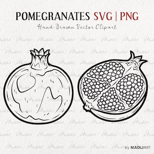 Pomegranate SVG Set. 2 Pomegranate Vector Line Drawings. Pomegranate Tropical Fruit Outline. Pomegranate Seeds, Leaves. PNG & SVG files