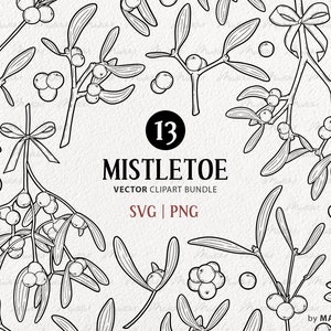 Pacchetto di clipart vettoriali di vischio di Natale. Foglie SVG di vischio. Illustrazioni della linea di Natale. Decorazioni per piante per le vacanze invernali. Arte natalizia. PNG e SVG