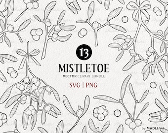 May include: A set of 13 black and white vector illustrations of mistletoe sprigs with berries. The illustrations are perfect for creating holiday crafts, cards, and decorations. The text "13 MISTLETOE VECTOR CLIPART BUNDLE SVG | PNG" is included in the image.