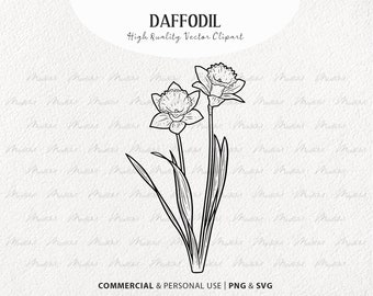 Daffodil SVG Clipart. Spring Daffodil Vector Blossom. Daffodil Flower Line Art.Narcissus Vector Outline. March Birth Flower. PNG & SVG