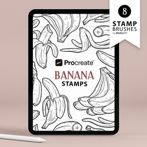8 tampons de procréation banane. Art de tatouage à la banane. Plante fruitière d'été. Paquet de bananes, peau de banane. Tampons pinceau Procreate dessin au trait banane