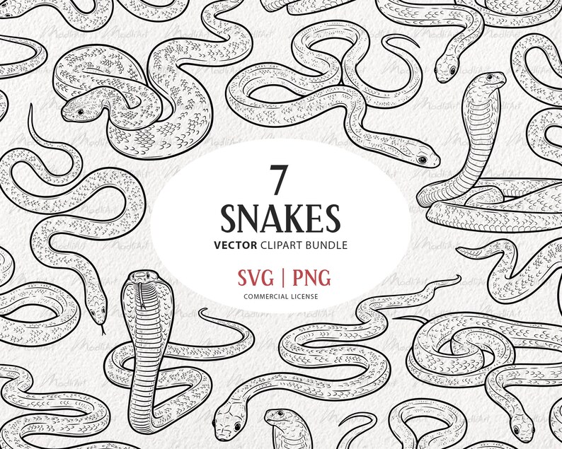7 Snakes SVG Clipart Bundle. Cobra Vector Drawings. - Etsy