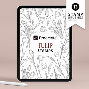 13 Tulpen brengen penselen voort. Lente bloem tattoo kunst. Pasen Tulpen Overzicht. Botanische bloesems en bladeren. Maak penselen voor iPad