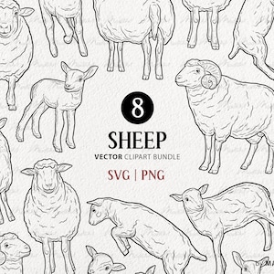 Pacchetto Clipart SVG di pecore. Arte della linea vettoriale dell'agnello. Disegno di animali da fattoria. Francobolli clipart di pecora. SVG e PNG commerciali