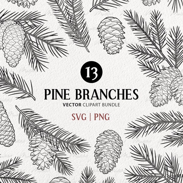 Pine Vector Clipart Bundle. Pine Cone SVG art. Evergreen Tree Line Illustrations. Winter Greenery Plant Decor. Commercial PNG & SVG