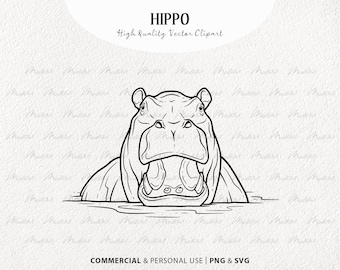 Swimming Hippo SVG Clipart. Hippopotamus vector drawing. Hippo line art. Hippo black outline tattoo. Jungle animal art. Commercial PNG & SVG