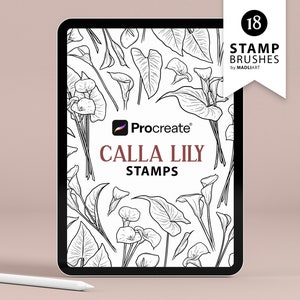 18 selos Calla Lily Procreate. Projeto de tatuagem de flor de primavera. Flores e folhas de flores silvestres. Arte de linha floral. Pincéis Procreate para iPad