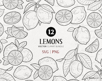 Pacchetto clipart SVG limone. 12 limoni vettoriali. Frutti Di Limone. Fetta di agrumi Clipart. Illustrazioni al tratto di limonata. Limone PNG e file artistici in formato SVG