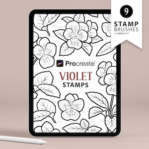May include: A digital tablet displays a black and white floral design of violets and leaves, labeled "VIOLET STAMPS" for Procreate. A white stylus rests on the surface. A white banner in the upper right corner reads "9 STAMP BRUSHES by MADLIART."